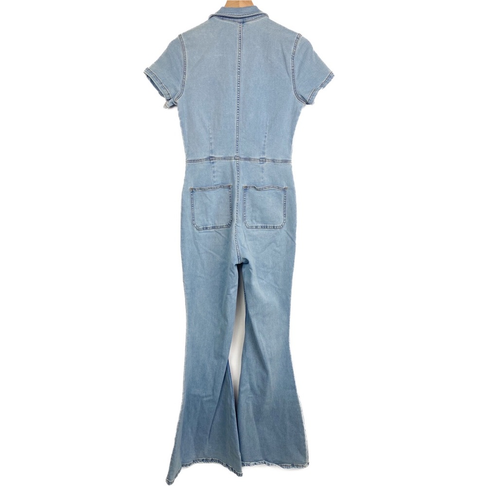 Free People Hearts Beat Fitted Flare Denim Coverall Jumpsuit in Sunbath Blue - S - Picture 7 of 10